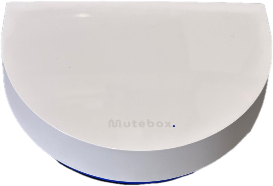 Mutebox: a compact white half-round box with the Mutebox name on top and a blue base